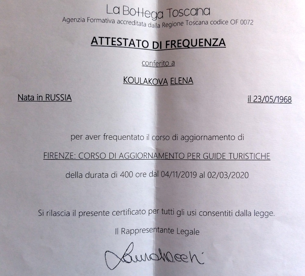 Attestato di frequenza corso guida turistica — Firenze